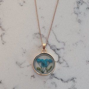 Floral Resin Pendant Necklace - Rose Gold Blue